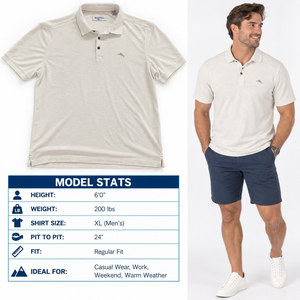 Tommy Bahama IslandZone Polo Shirt Mens XL Oatmeal Heather Coolmax Tencel Slub